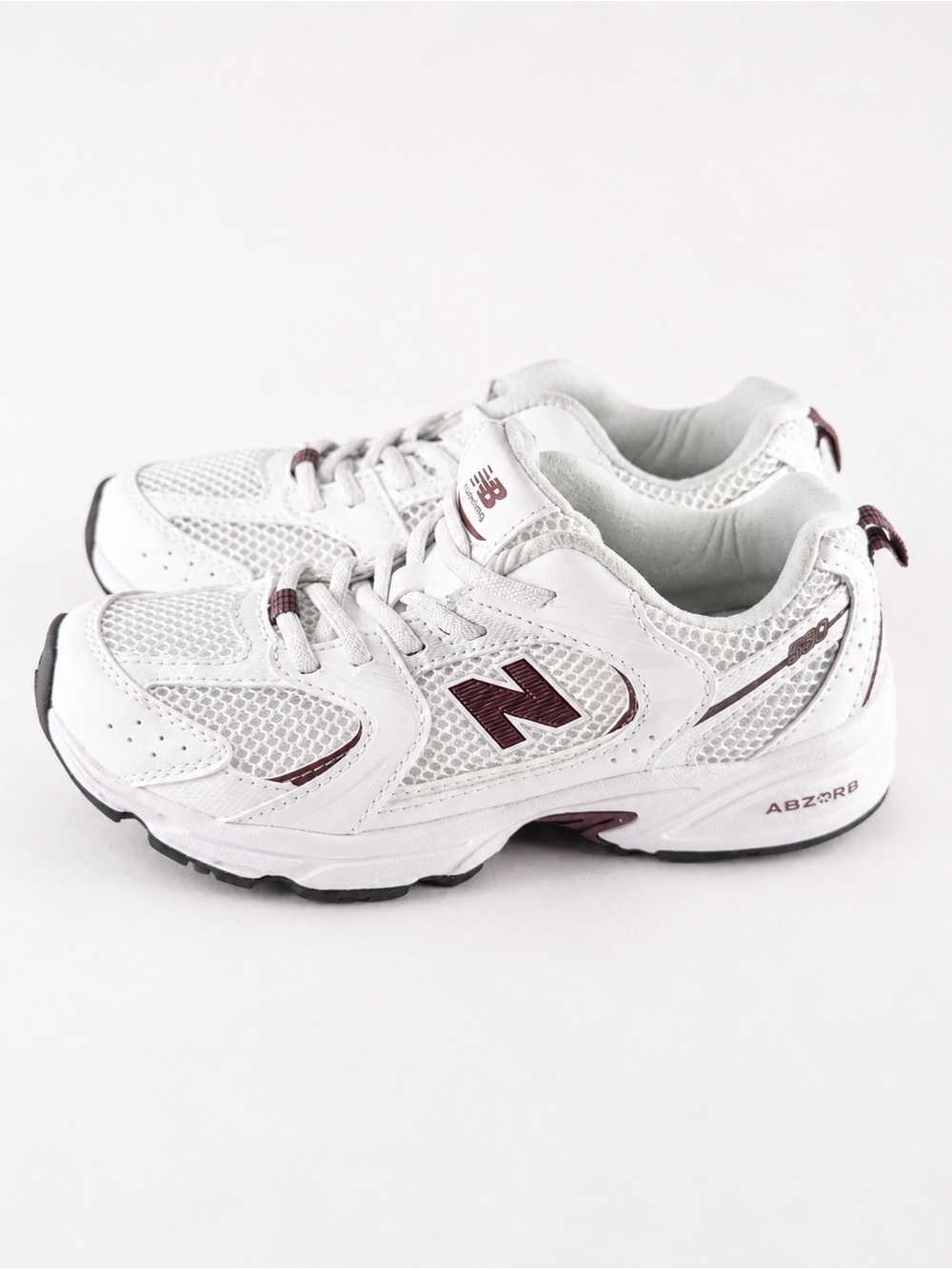 Size 1.5Y- New Balance 530 Bungee Lace White and Burgundy Running Sneakers